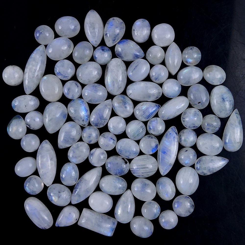 78Pcs 285Cts Natural Rainbow Cabochon Gemstone For Jewelry Making Crystal Cabochon Semi-Precious Rainbow Moonstone Flat Back Gemstone Lot 22x7 7x7mm#727