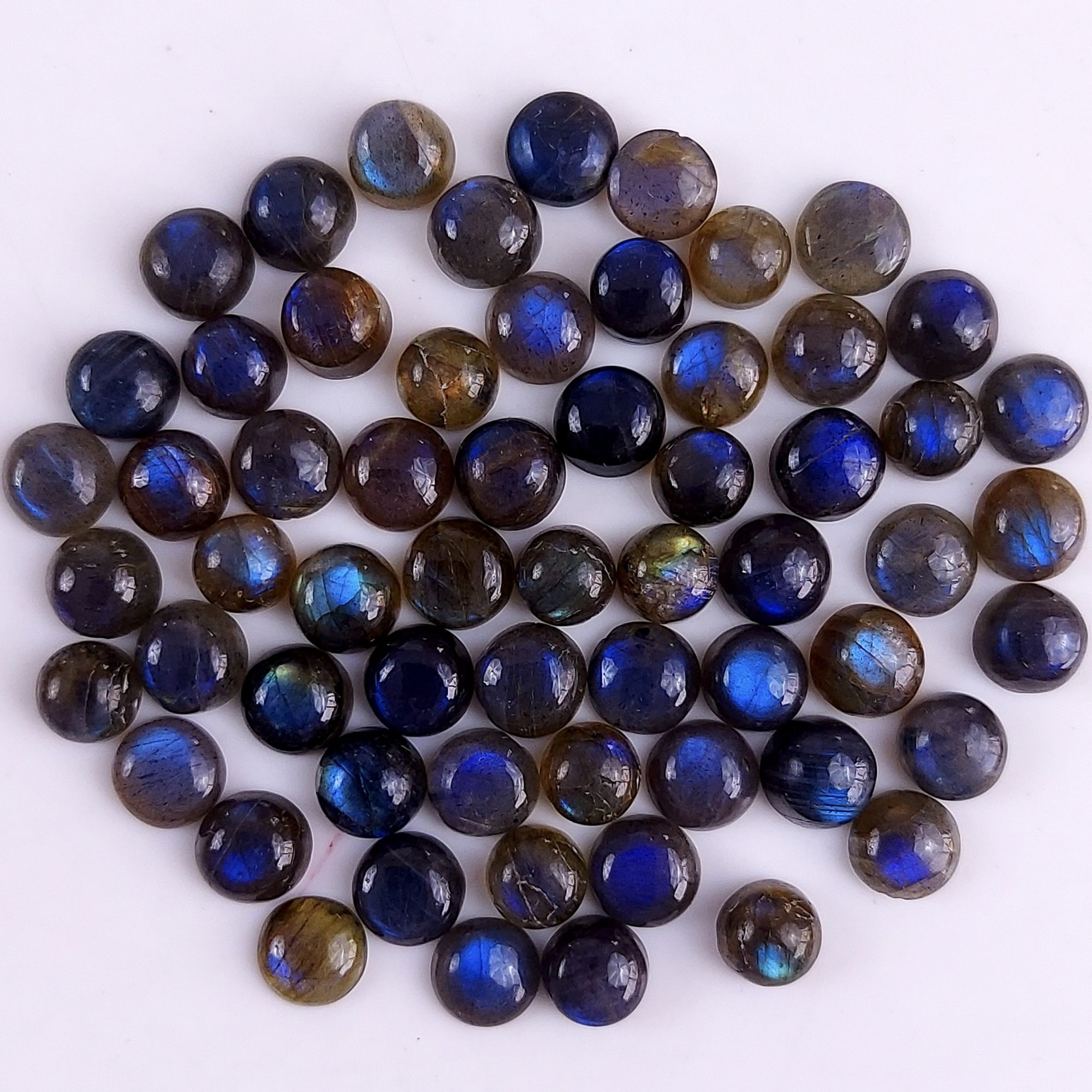 61Pcs 121Cts Natural Blue Labradorite Calibrated Cabochon Round Shape Gemstone Lot For Jewelry Making 6x5mm#733