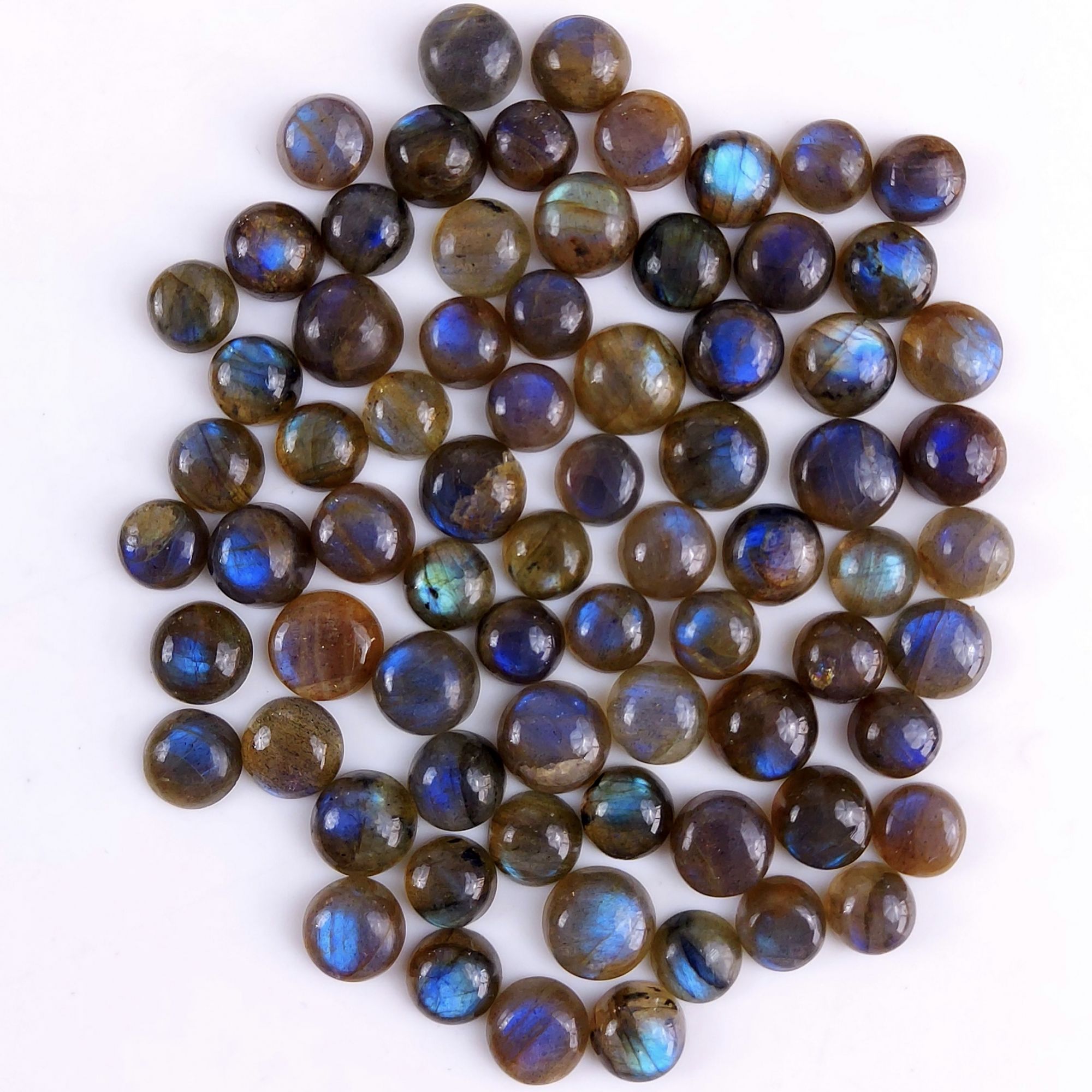 73Pcs 196Cts Natural Blue Labradorite Calibrated Cabochon Round Shape Gemstone Lot For Jewelry Making 6x6mm745