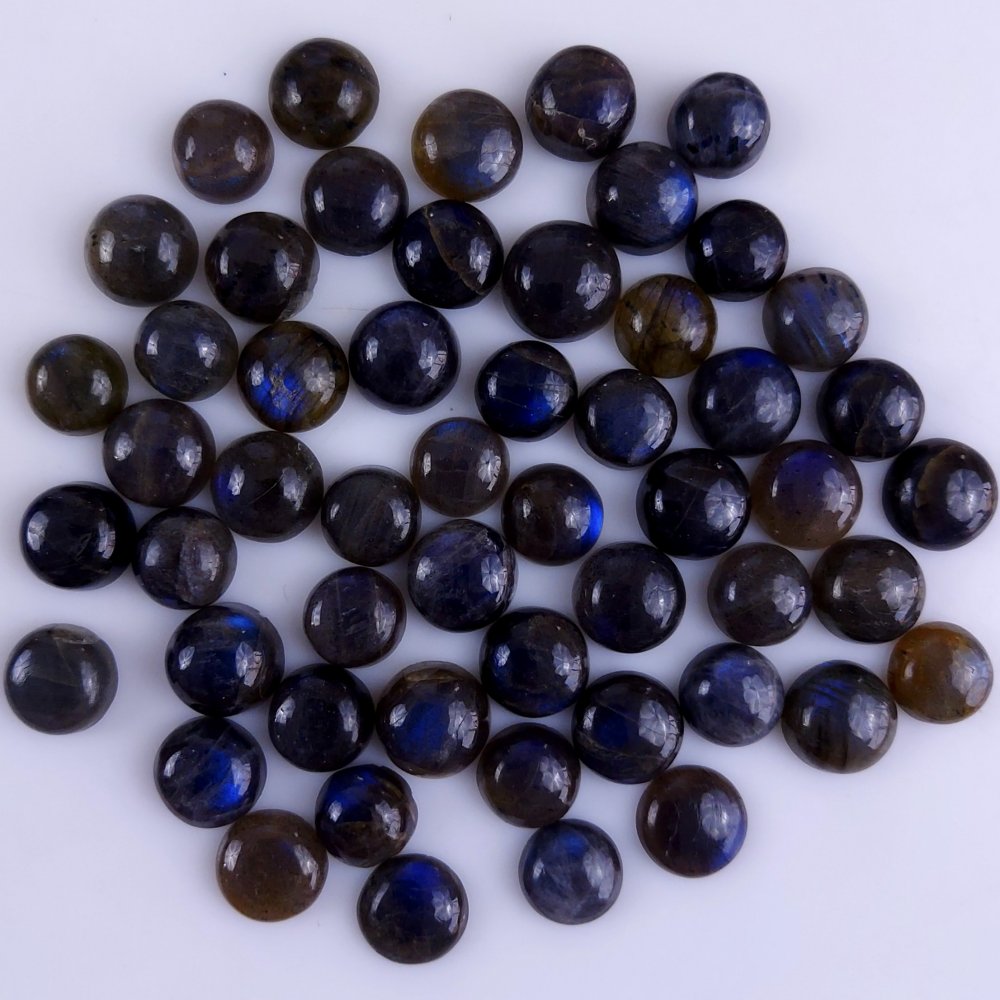 53Pcs 248Cts Natural Blue Labradorite Calibrated Cabochon Round Shape Gemstone Lot For Jewelry Making 10mm#750