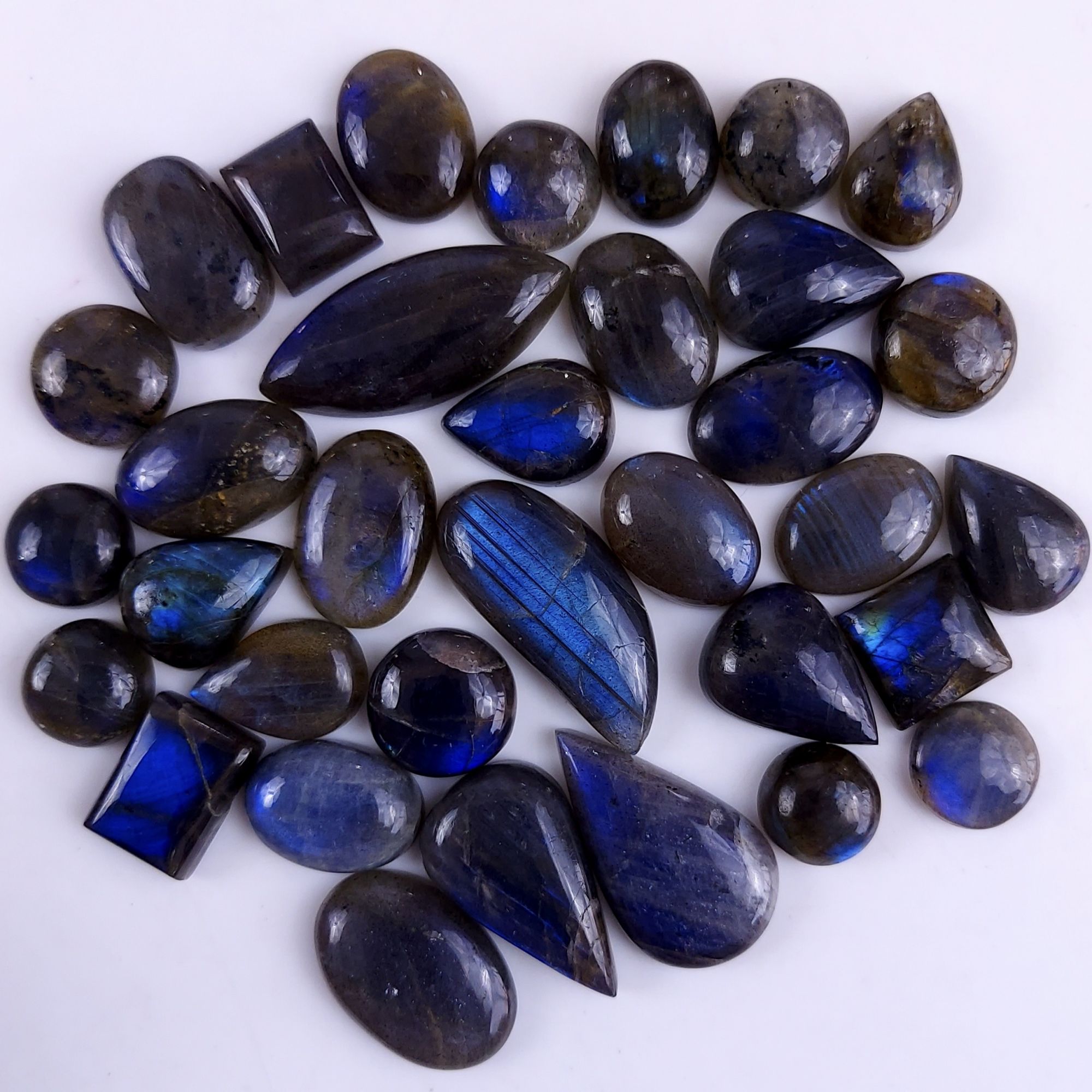 34Pcs 409Cts Natural Labradorite Calibrated Cabochon Mix Size And Shape Loose Gemstone Lot For Jewelry Making 33x14 12x12 mm#753