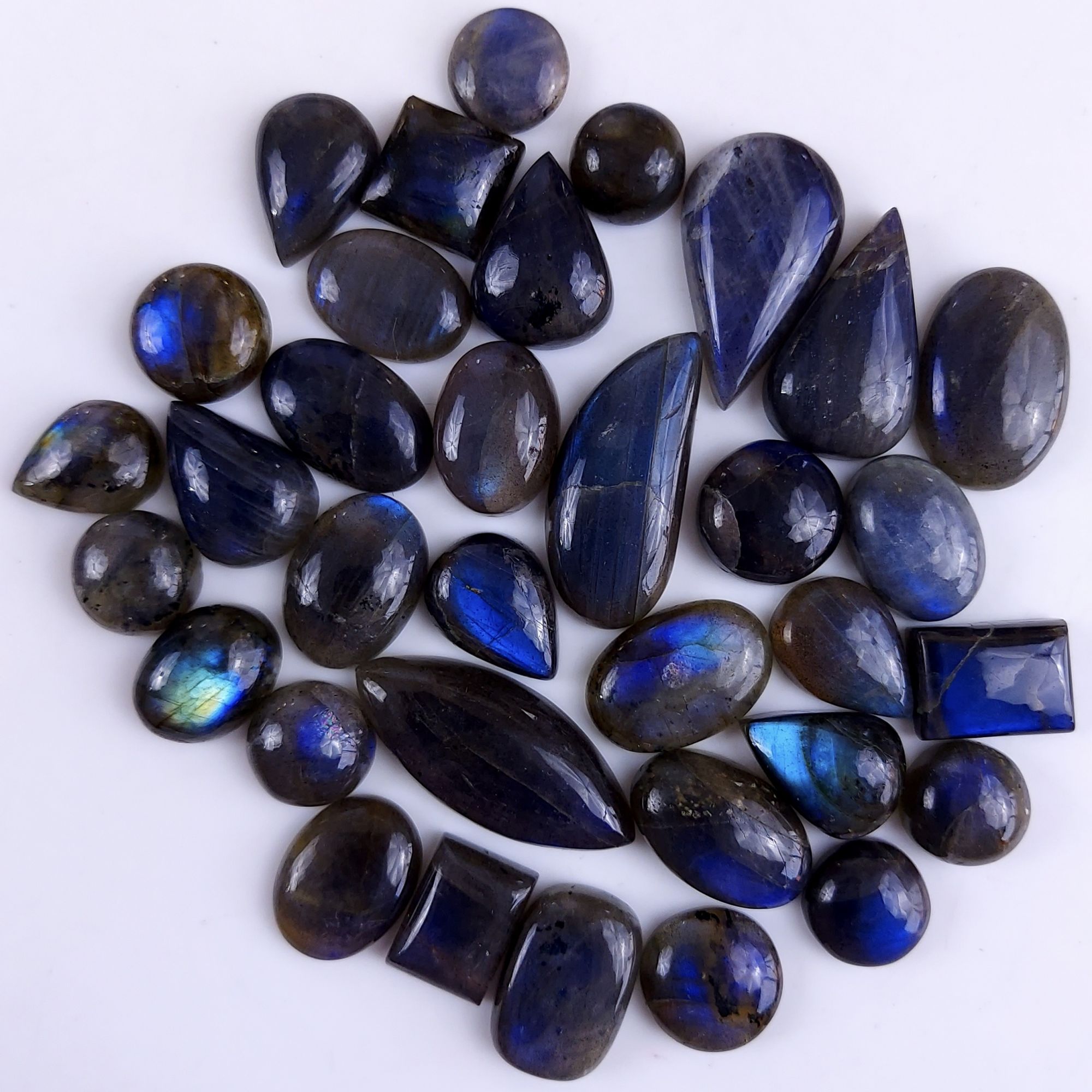 34Pcs 409Cts Natural Labradorite Calibrated Cabochon Mix Size And Shape Loose Gemstone Lot For Jewelry Making 33x14 12x12 mm#753