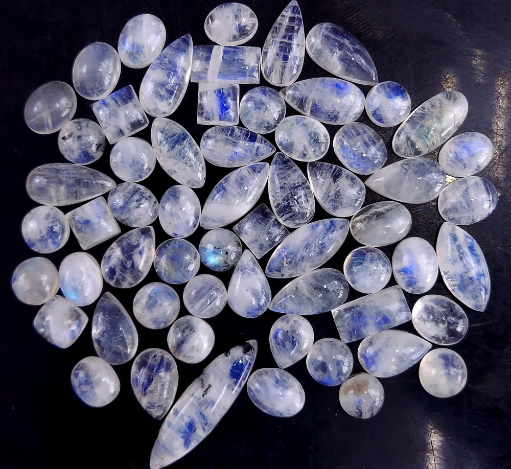 60Pcs 162Cts  Natural Rainbow Cabochon Gemstone For Jewelry Making Crystal Cabochon Semi-Precious Rainbow Moonstone Flat Back Gemstone Lot 27x5 5x5 mm#771