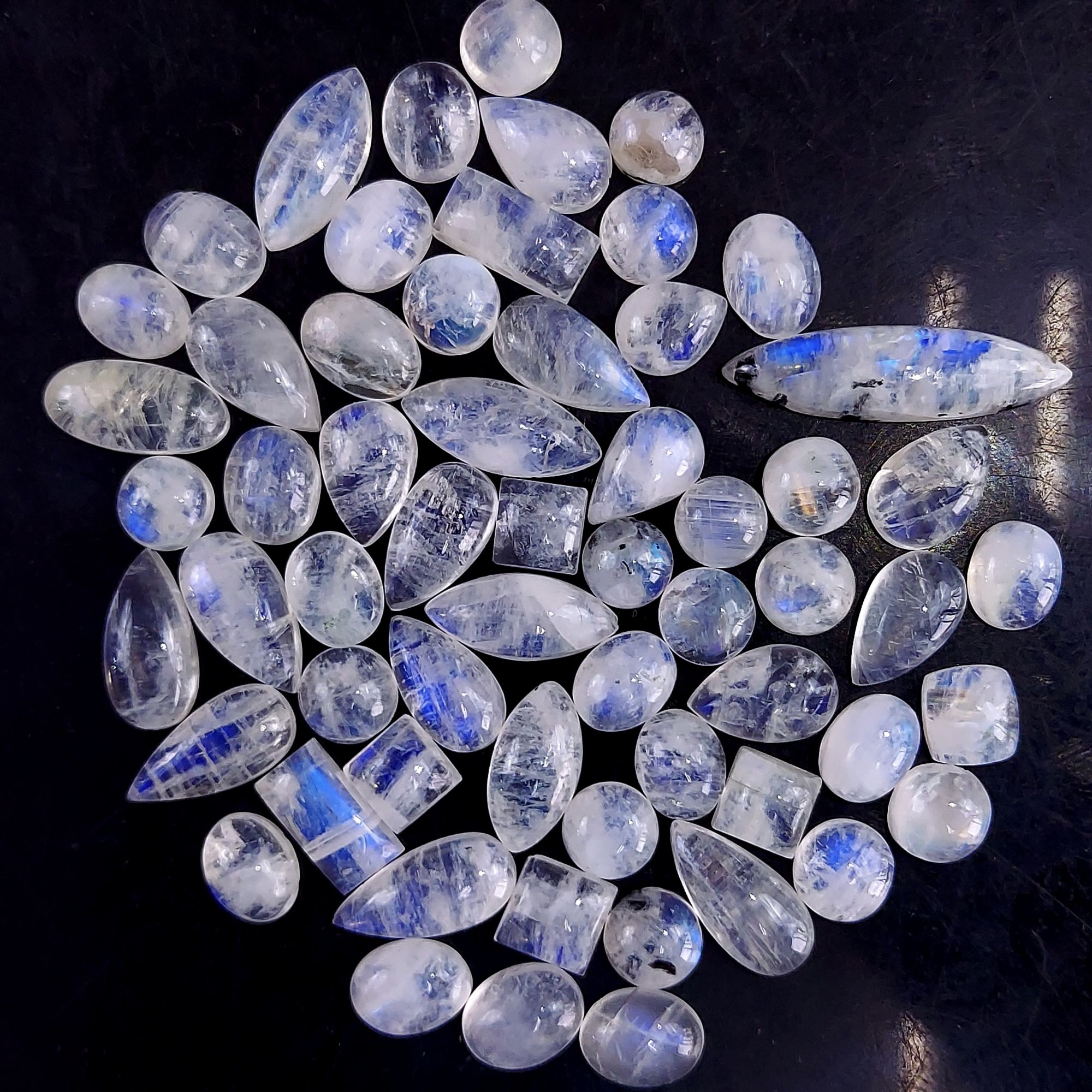 60Pcs 162Cts  Natural Rainbow Cabochon Gemstone For Jewelry Making Crystal Cabochon Semi-Precious Rainbow Moonstone Flat Back Gemstone Lot 27x5 5x5 mm#771