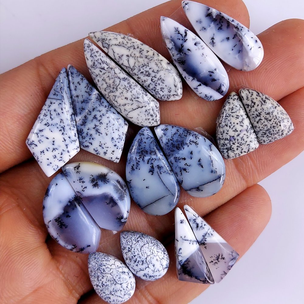 8Pair 90Cts  Natural Dendrite Opal Gemstone Black White Design Dendrite Opal Cabochon Flat Back Dendrite Opal Stone Both Side Polished Dendrite Opal Stone Pair Lot 25x15 17x14 mm#778