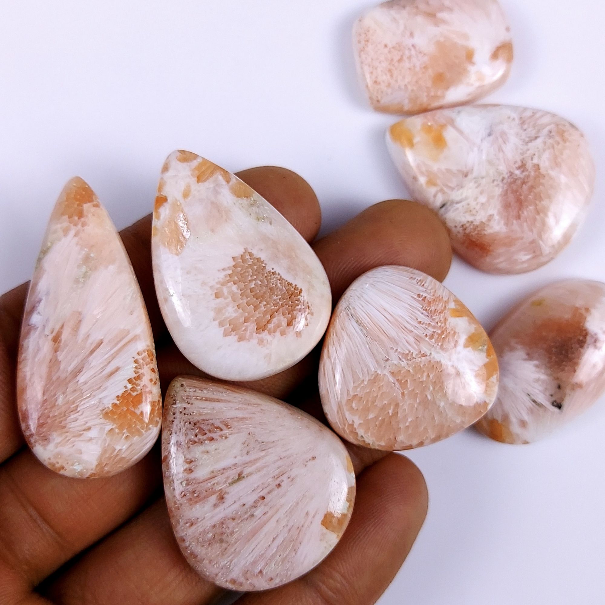 7Pcs 270Cts Natural Pink Scolecite Cabochon Lot Handmade Jewelry Mix Shape Loose Gemstone Beads Pendant Gift For Women 44x20 26x19mm #7818