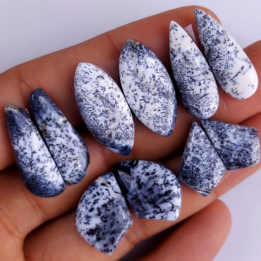 5Pair 68Cts  Natural Dendrite Opal Gemstone Black White Design Dendrite Opal Cabochon Flat Back Dendrite Opal Stone Both Side Polished Dendrite Opal Stone Pair Lot 25x22 22x17 mm#783