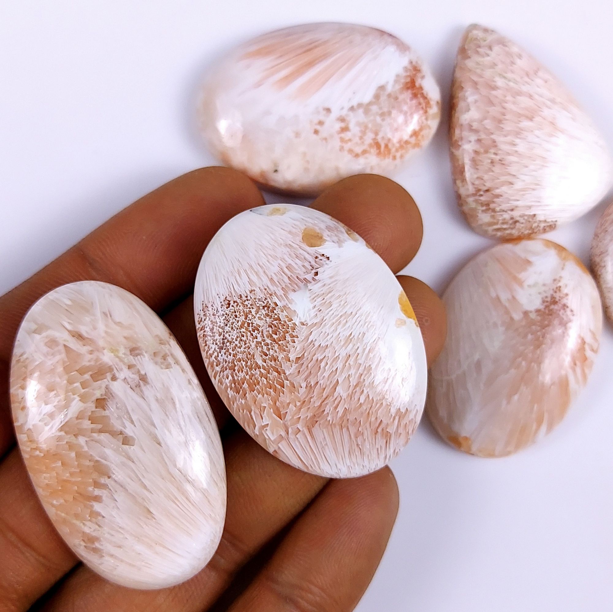 6Pcs 304Cts Natural Pink Scolecite Cabochon Lot Handmade Jewelry Mix Shape Loose Gemstone Beads Pendant Gift For Women 44x24 27x20mm #7834