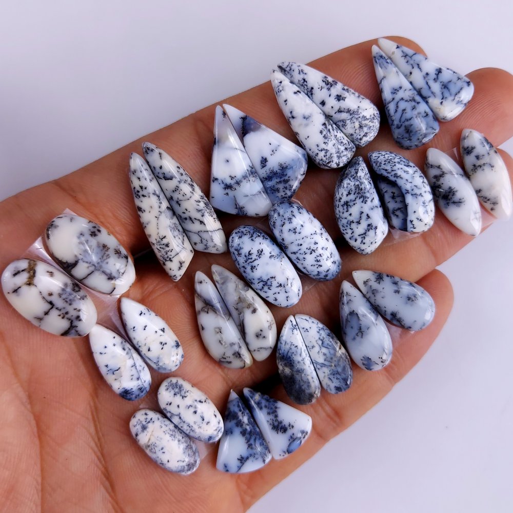 14Pair 138Cts  Natural Dendrite Opal Gemstone Black White Design Dendrite Opal Cabochon Flat Back Dendrite Opal Stone Both Side Polished Dendrite Opal Stone Pair Lot 27x13 17x14 mm#784