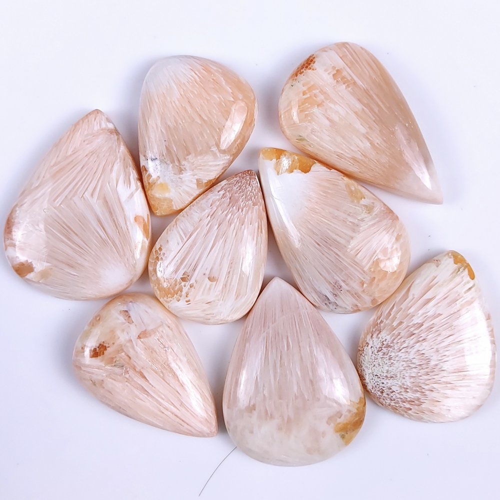 8Pcs 298Cts Natural Pink Scolecite Cabochon Lot Handmade Jewelry Mix Shape Loose Gemstone Beads Pendant Gift For Women 36x27 30x22mm #7852