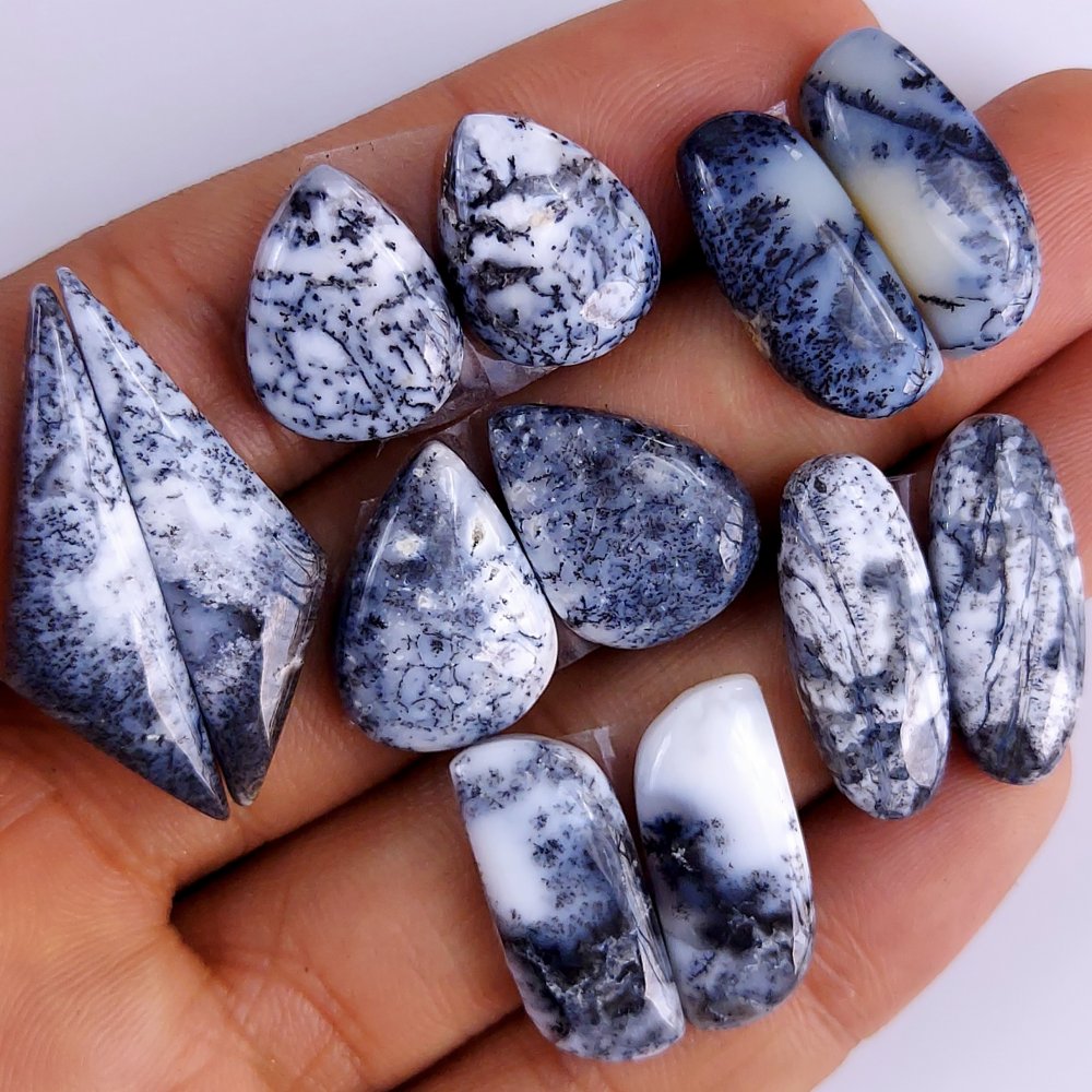 6Pair 97Cts  Natural Dendrite Opal Gemstone Black White Design Dendrite Opal Cabochon Flat Back Dendrite Opal Stone Both Side Polished Dendrite Opal Stone Pair Lot 32x18 25x15 mm#787