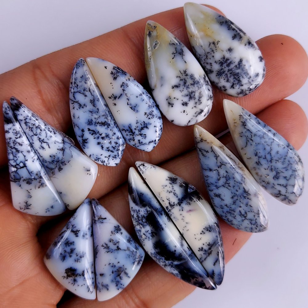 6Pair 130Cts  Natural Dendrite Opal Gemstone Black White Design Dendrite Opal Cabochon Flat Back Dendrite Opal Stone Both Side Polished Dendrite Opal Stone Pair Lot 38x19 25x24 mm#789