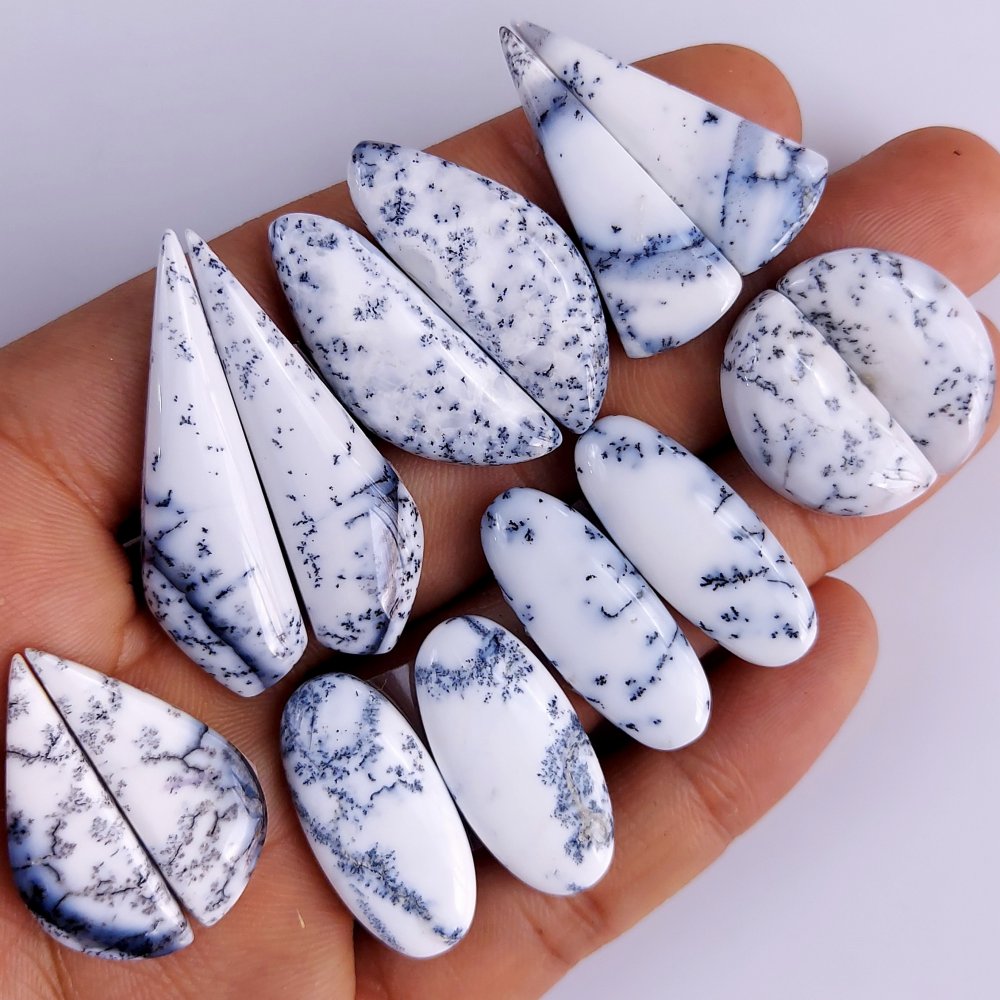 7Pair 162Cts  Natural Dendrite Opal Gemstone Black White Design Dendrite Opal Cabochon Flat Back Dendrite Opal Stone Both Side Polished Dendrite Opal Stone Pair Lot 40x23 22x22mm#799