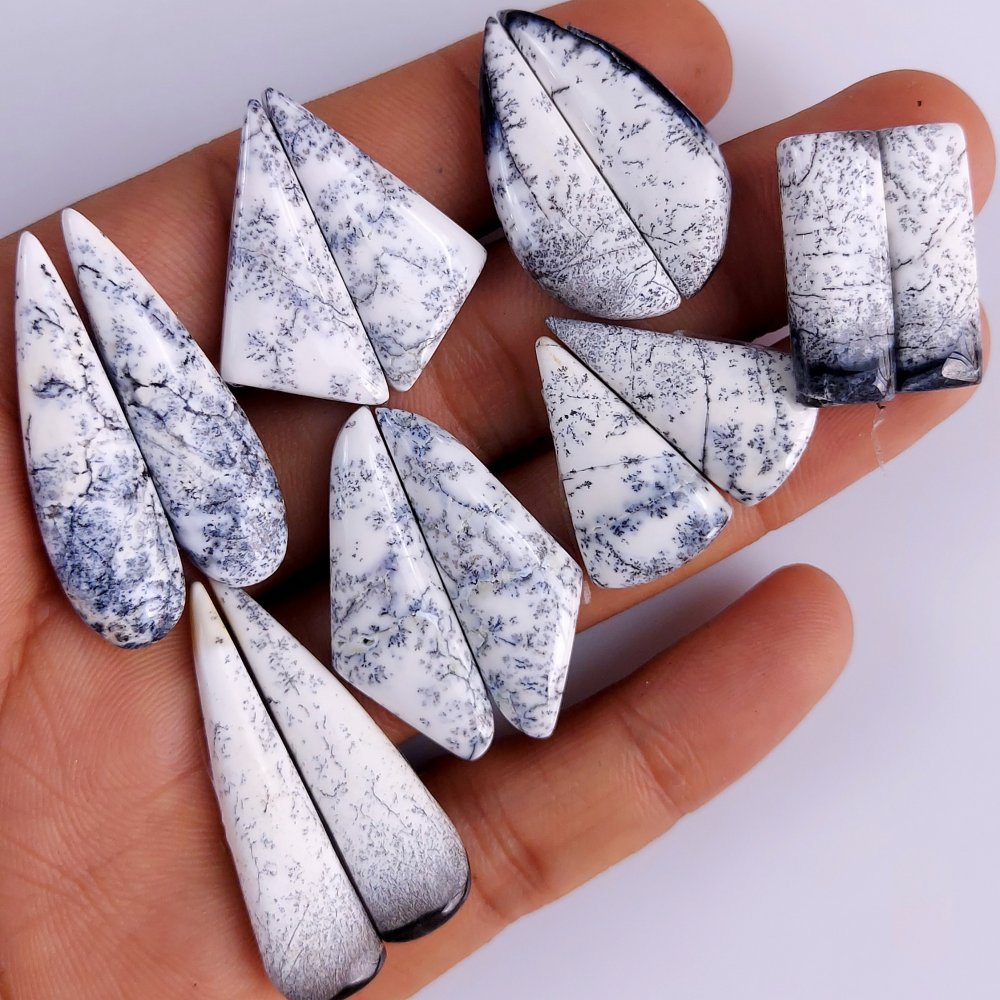7Pair 138Cts  Natural Dendrite Opal Gemstone Black White Design Dendrite Opal Cabochon Flat Back Dendrite Opal Stone Both Side Polished Dendrite Opal Stone Pair Lot 38x19 22x16 mm#800