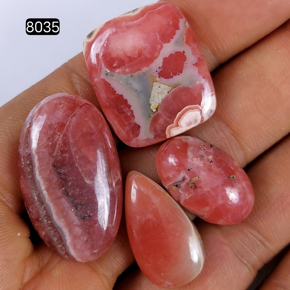4Pcs 115Cts Natural Rhodochrosite Cabochon Pink Rhodochrosite Cabochon Gemstone Handmade Pink Rhodochrosite Loose Semi Precious Gemstone For Jewelry Back Side unpolished 30x18 20x12mm #8035