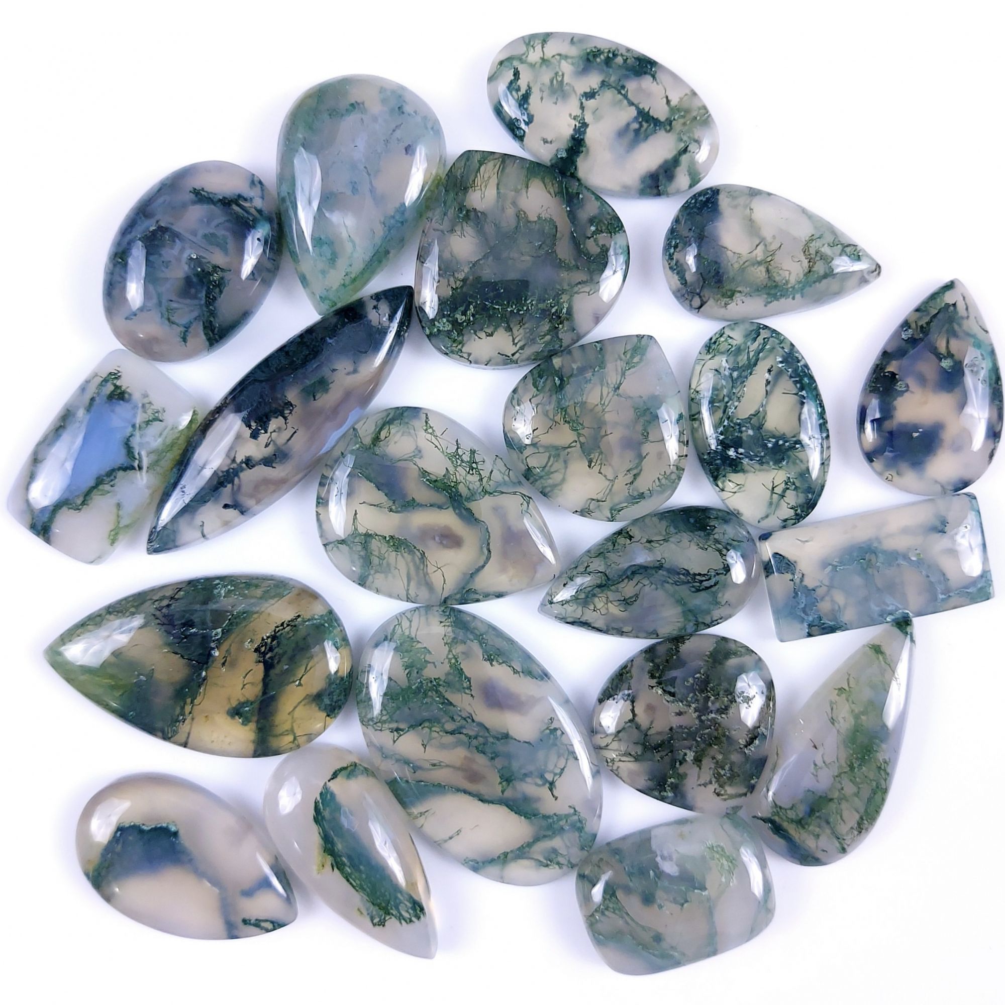 20Pcs 354Cts Natural Green Moss Agate Cabochon Lots Mixed Shapes And Sizes Moss Agate loose gemstone Cabochon Wholesale Lot 40x12 22x14 mm #8079