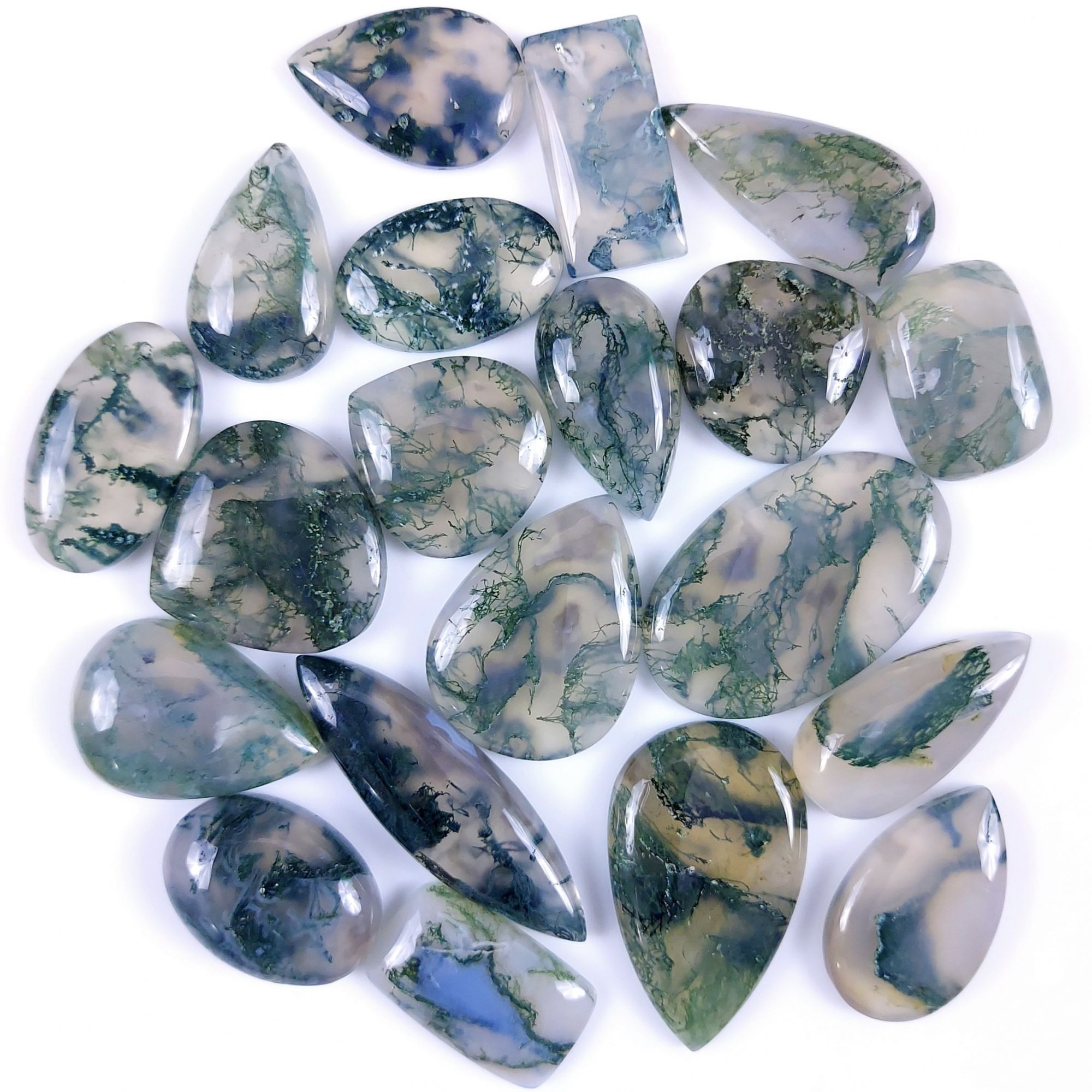 20Pcs 354Cts Natural Green Moss Agate Cabochon Lots Mixed Shapes And Sizes Moss Agate loose gemstone Cabochon Wholesale Lot 40x12 22x14 mm #8079