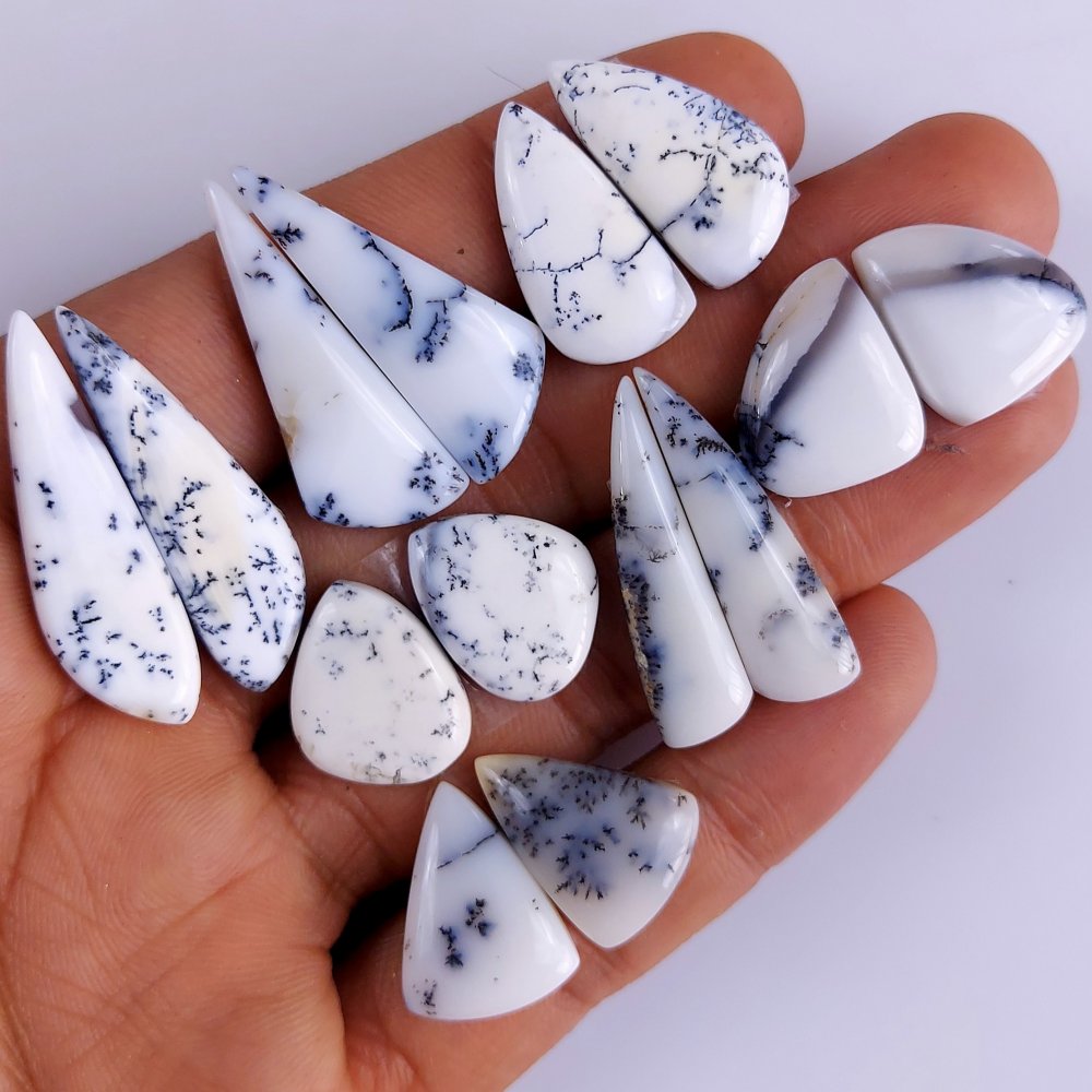 7Pair 123Cts  Natural Dendrite Opal Gemstone Black White Design Dendrite Opal Cabochon Flat Back Dendrite Opal Stone Both Side Polished Dendrite Opal Stone Pair Lot 34x20 28x18 mm#813