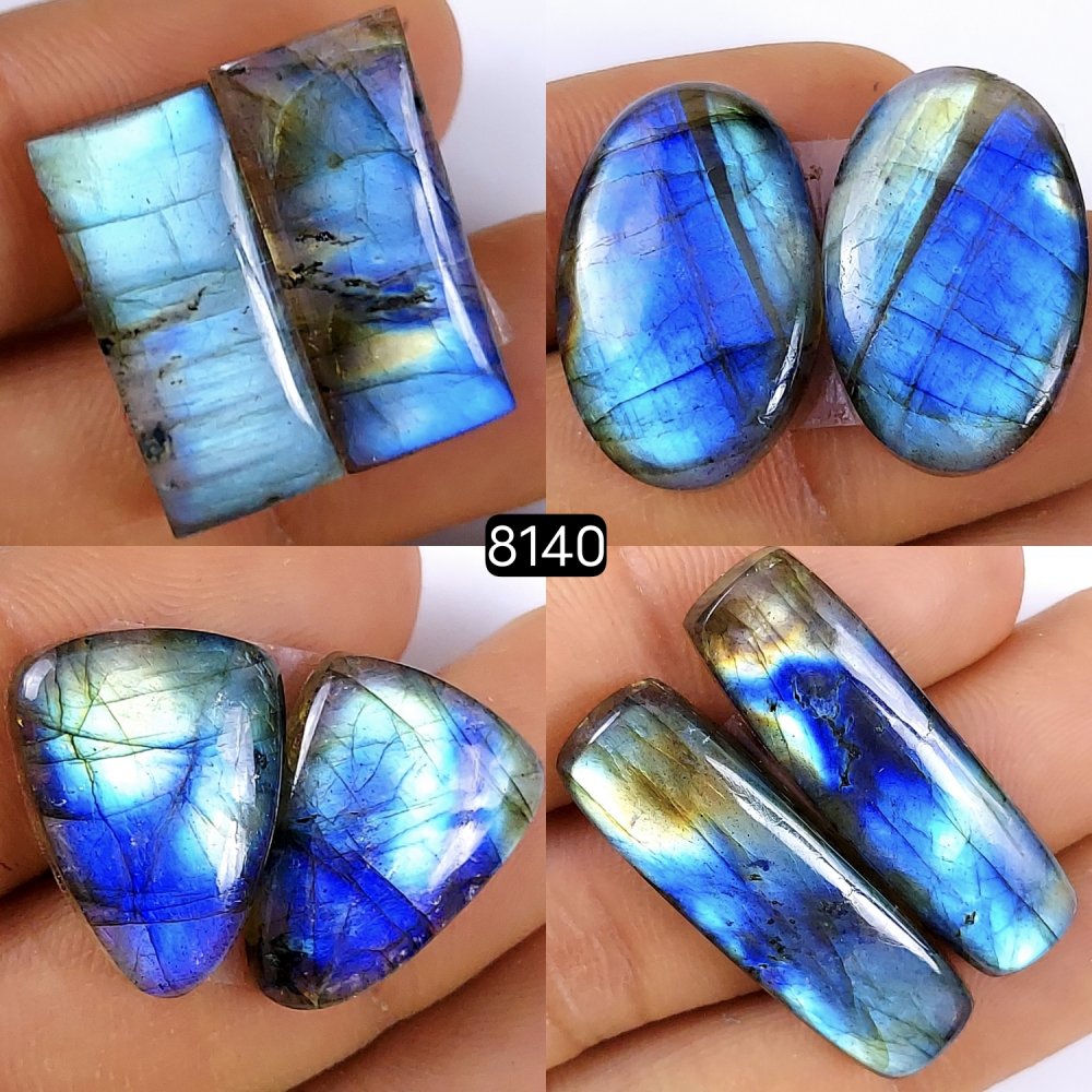4Pair 123Cts Natural Blue Fire Labradorite Gemstone Earrings Labradorite Jewelry Cabochon Matching Pair Front To Back Drill Earring Birthday Gift 34x10 20x14mm #8140