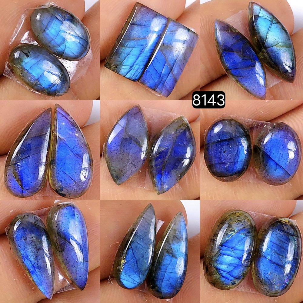 9Pair 88Cts Natural Blue Fire Labradorite Gemstone Earrings Labradorite Jewelry Cabochon Matching Pair Front To Back Drill Earring Birthday Gift 20x7 12x9mm #8143