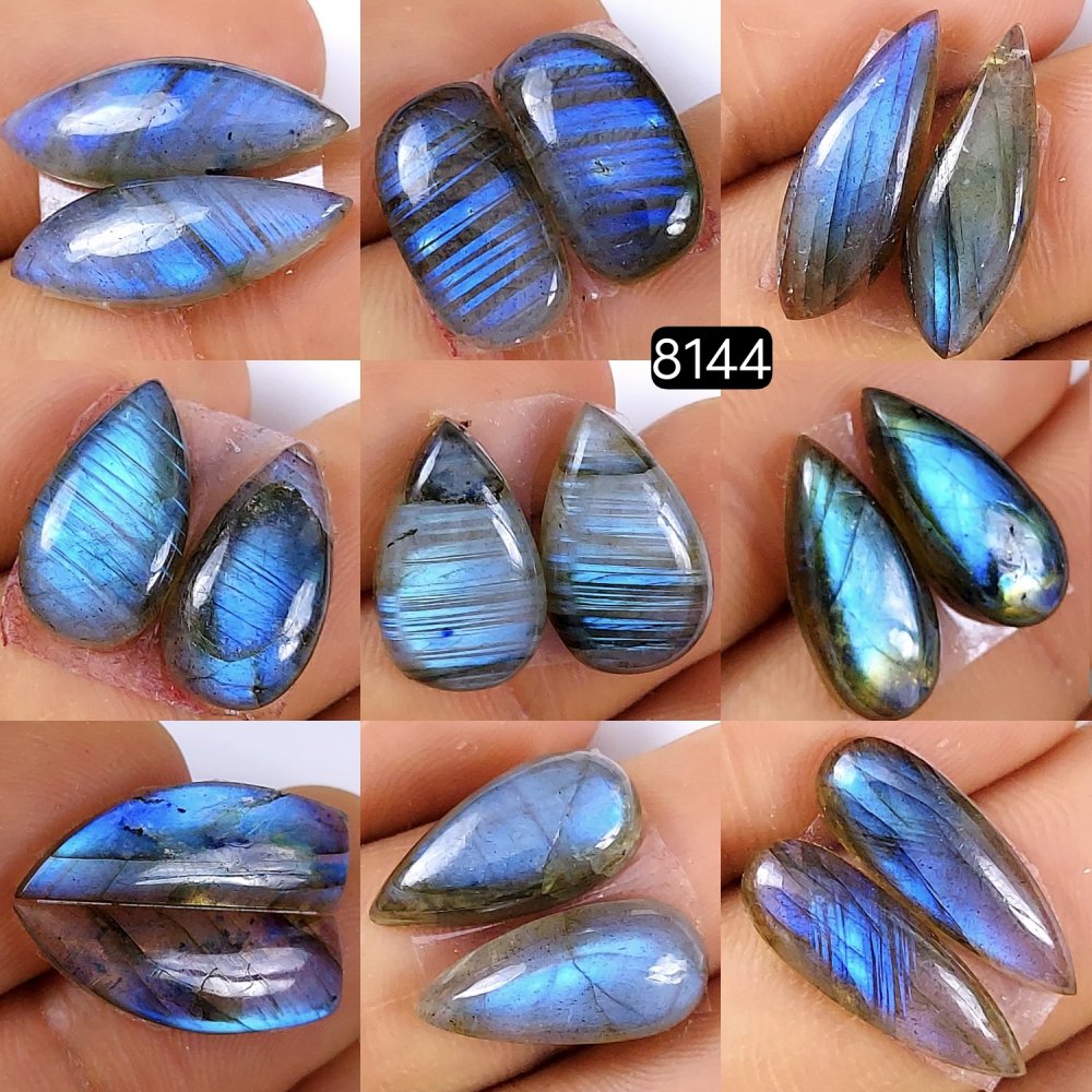 9Pair 105Cts Natural Blue Fire Labradorite Gemstone Earrings Labradorite Jewelry Cabochon Matching Pair Front To Back Drill Earring Birthday Gift 20x7 13x9mm #8144