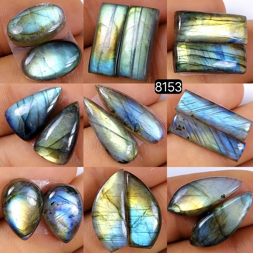 9Pair 130Cts Natural Multi Fire Labradorite Gemstone Earrings Labradorite Jewelry Cabochon Matching Pair Front To Back Drill Earring Birthday Gift 22x6 14x10mm #R-8153