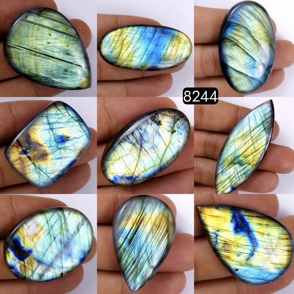 9Pcs 560Cts Natural Labradorite Cabochon Multifire Healing Crystal For Jewelry Supplies, Labradorite Necklace Handmade Wire Wrapped Gemstone Pendant 45x25 36x22mm#R-8244