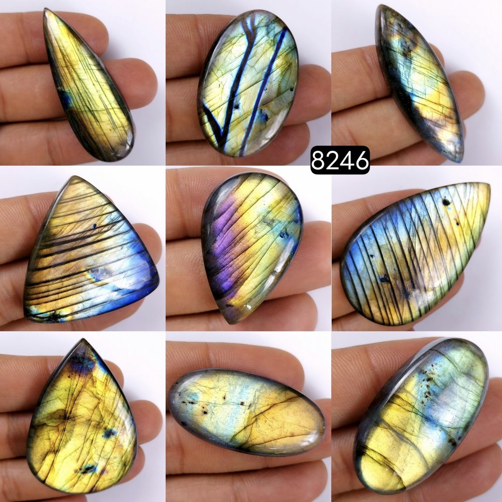 9Pcs 628Cts Natural Labradorite Cabochon Multifire Healing Crystal For Jewelry Supplies, Labradorite Necklace Handmade Wire Wrapped Gemstone Pendant 60x34 31x20mm#R-8246