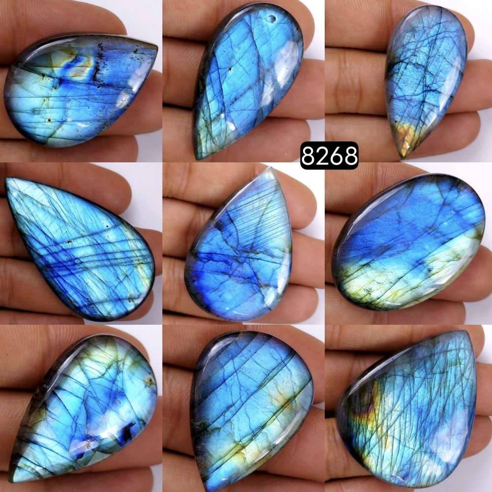 9Pcs 590Cts Natural Labradorite Cabochon Multifire Healing Crystal For Jewelry Supplies, Labradorite Necklace Handmade Wire Wrapped Gemstone Pendant 54x28 34x21mm
