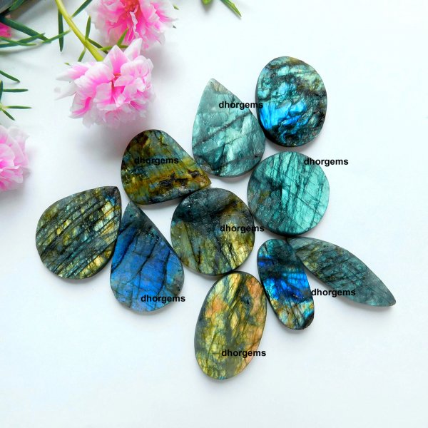 10 Pcs. 491Cts. Natural Labradorite Druzy Mix Shape Cabochon Loose Gemstone Lot Size 50x15 34x28 mm.