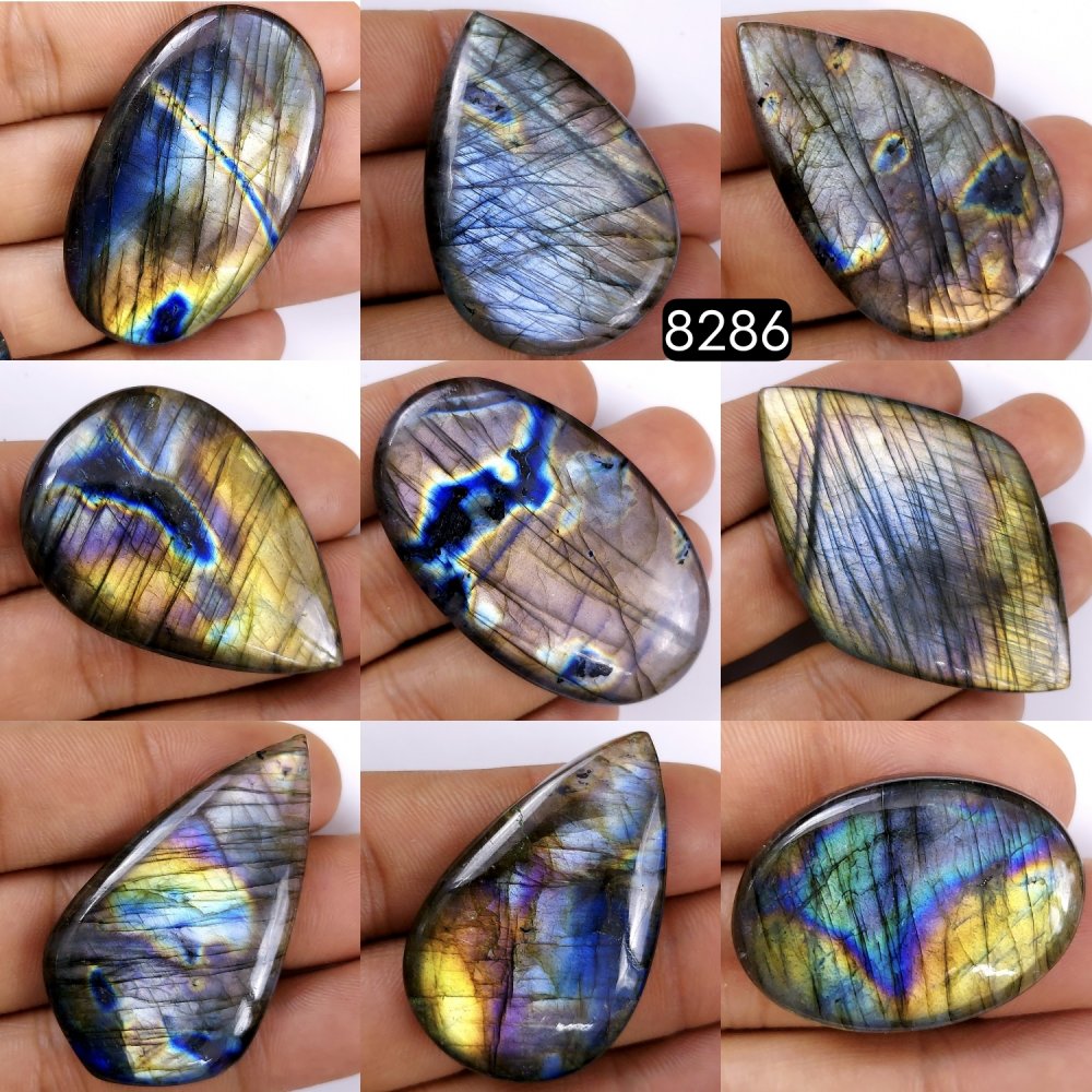 9Pcs 663Cts Natural Labradorite Cabochon Multifire Lot For Jewelry Making, Labradorite Necklace Handmade Wire Wrapped Loose Gemstone 62x38 32x22mm
