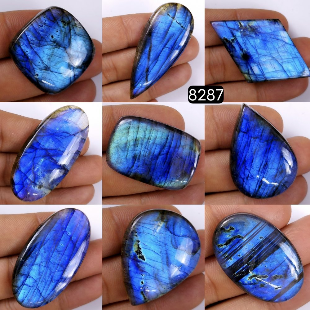 9Pcs 489Cts Natural Labradorite Cabochon Multifire Lot For Jewelry Making, Labradorite Necklace Handmade Wire Wrapped Loose Gemstone 52x20 25x25mm