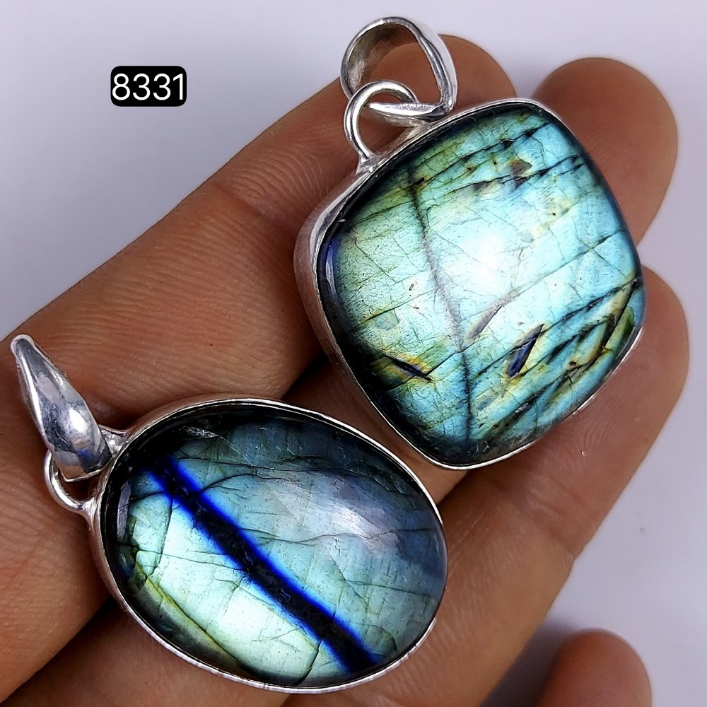 2Pcs Lot 118Cts Natural Labradorite Silver Plated Bezel Pendants, Multi Fire single Loop Connector Labradorite Cabochon 35x22 32x27mm#8331