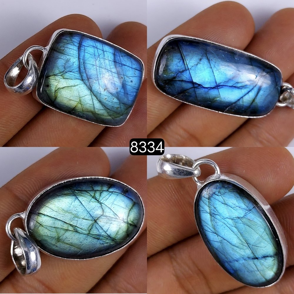 4Pcs Lot 195Cts Natural Labradorite Silver Plated Bezel Pendants, Multi Fire single Loop Connector Labradorite Cabochon 40x18 34x22mm#8334
