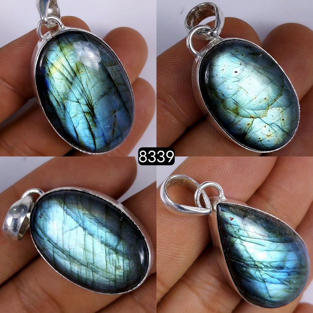 4Pcs Lot 213Cts Natural Labradorite Silver Plated Bezel Pendants, Multi Fire single Loop Connector Labradorite Cabochon 45x25 33x19mm#8339