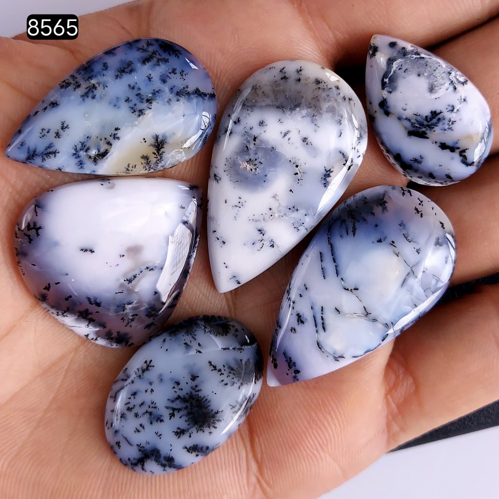 6Pcs 157Cts Dendrite Opal Gemstone Black White Design Dendrite Opal Cabochon, Flat Back Dendrite Opal Stone Both Side Polished Dendrite Opal Stone 38x22 25x17mm #8565