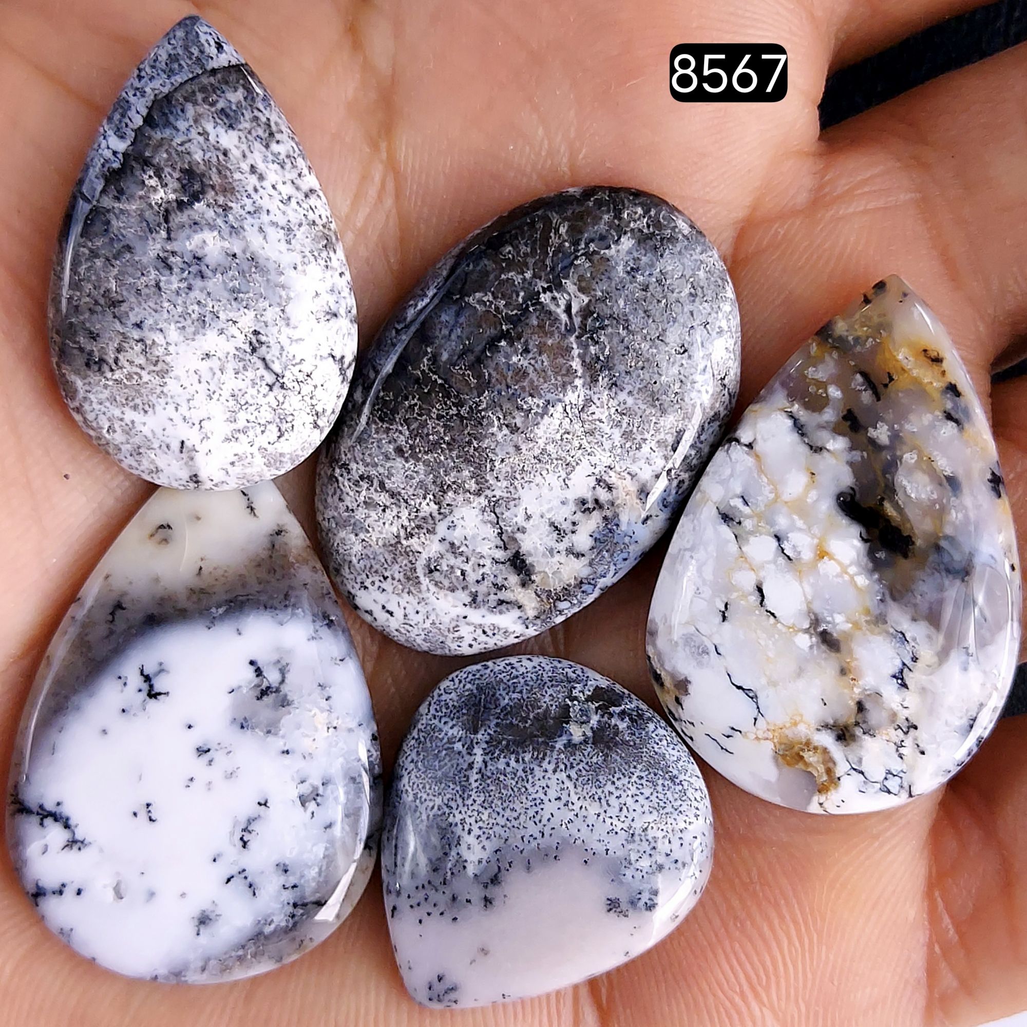 5Pcs 119Cts Dendrite Opal Gemstone Black White Design Dendrite Opal Cabochon Flat Back Dendrite Opal Stone Both Side Polished Dendrite Opal Stone 34x22 23x22mm 8567