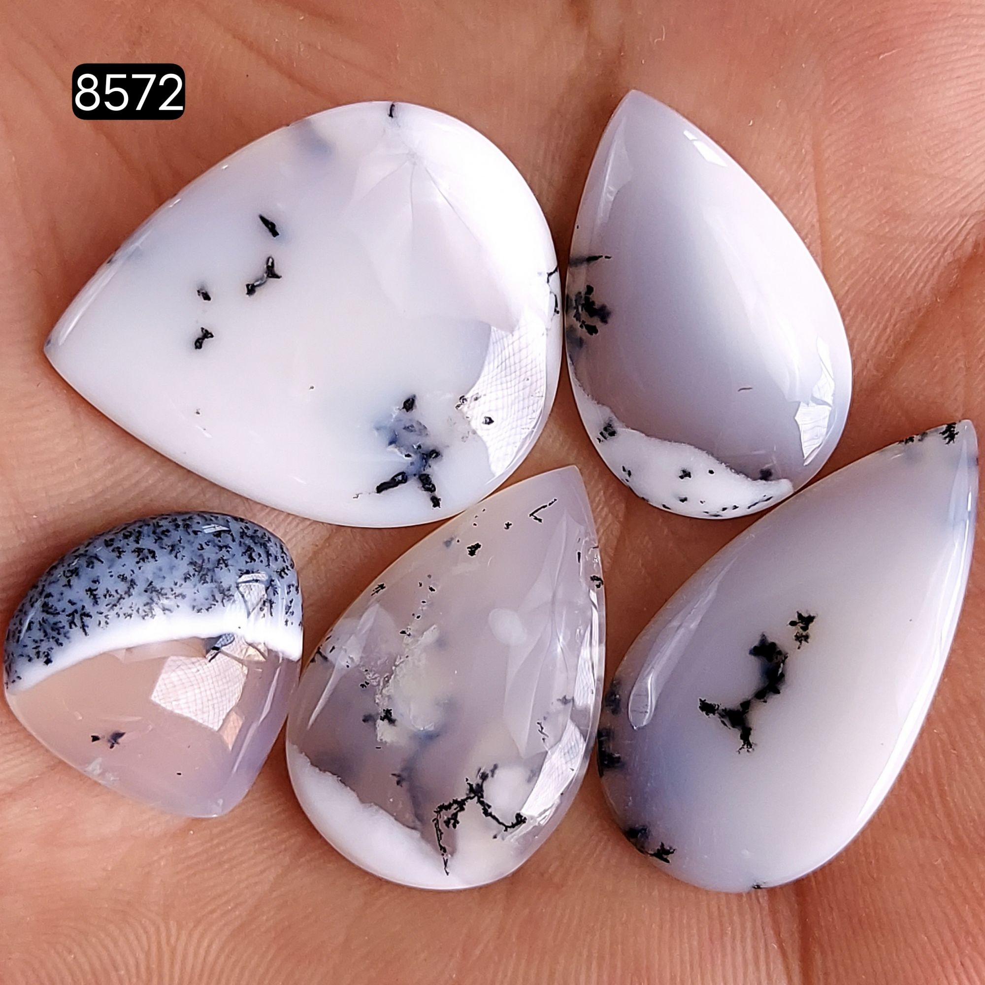 5Pcs 102Cts Dendrite Opal Gemstone Black White Design Dendrite Opal Cabochon, Flat Back Dendrite Opal Stone Both Side Polished Dendrite Opal Stone 34x18 20x19mm #8572