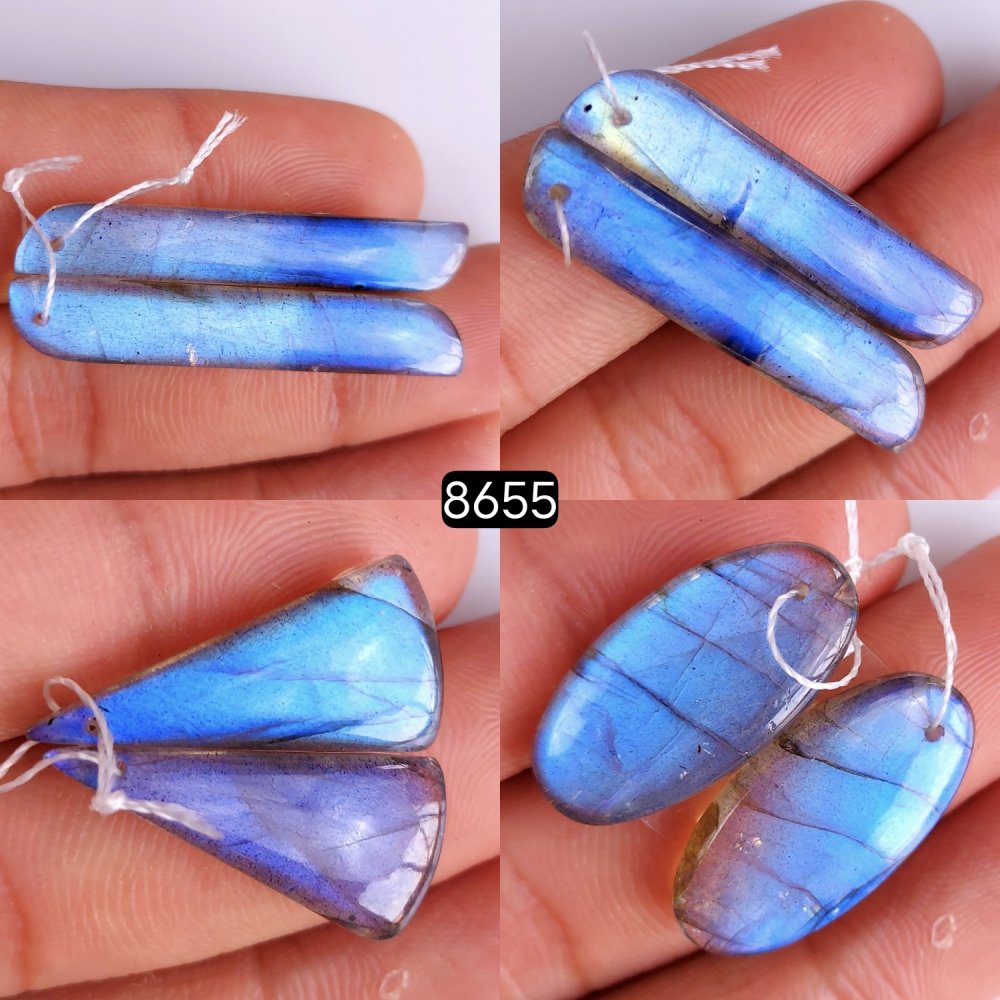4Pair 85Cts Natural Labradorite Gemstone Earrings Labradorite Jewelry Briolette Cabochon Pairs Handmade Crystal Dangle Hoop Earrings Gift For Her 38x12 24x21mm#8655