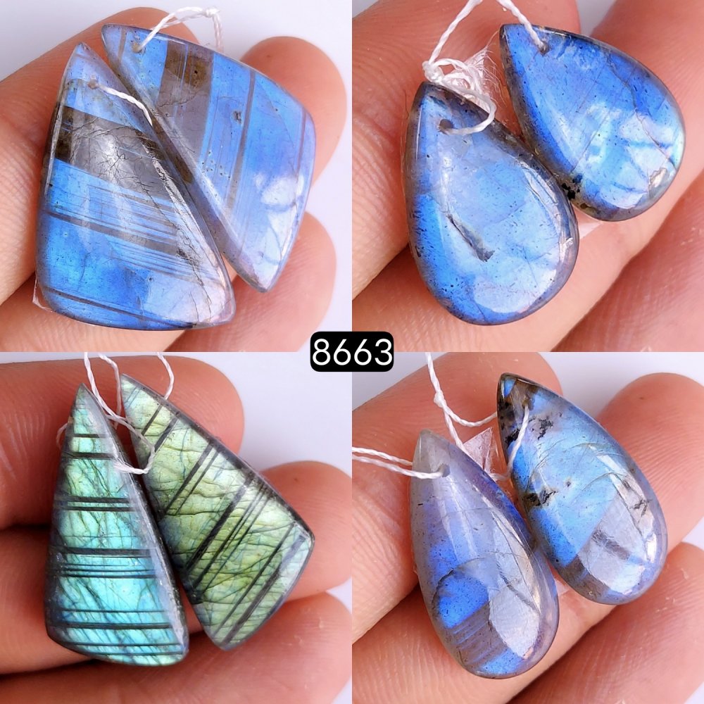4Pair 108Cts Natural Labradorite Gemstone Earrings Labradorite Jewelry Briolette Cabochon Pairs Handmade Crystal Dangle Hoop Earrings Gift For Her 30x28 26x20mm#8663