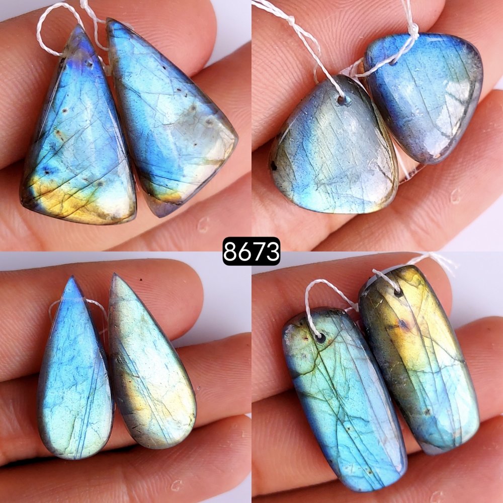 4Pair 132Cts Natural Labradorite Gemstone Earrings Labradorite Jewelry Briolette Cabochon Pairs Handmade Crystal Dangle Hoop Earrings Gift For Her 33x18 28x23mm#8673