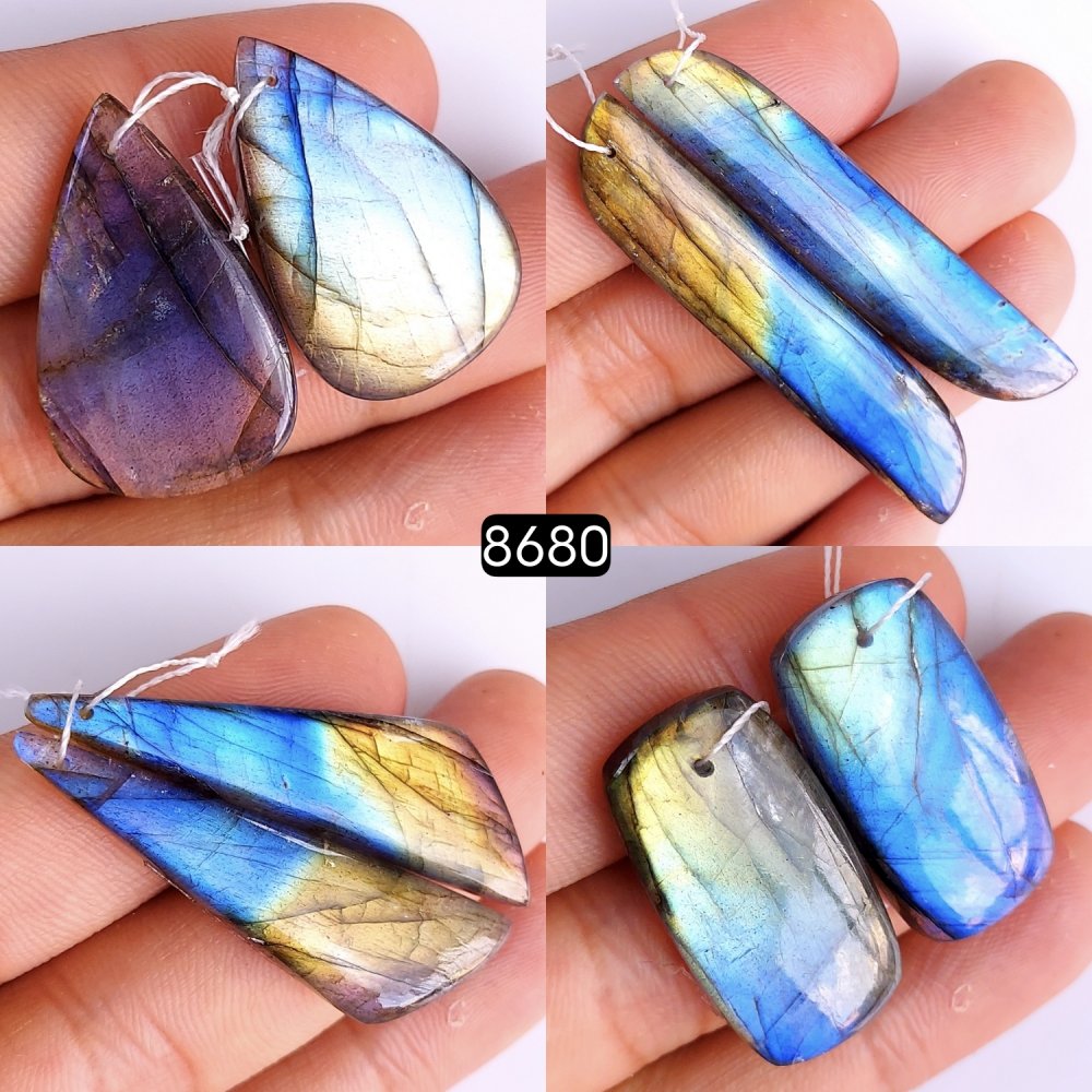 4Pair 187Cts Natural Labradorite Gemstone Earrings Labradorite Jewelry Briolette Cabochon Pairs Handmade Crystal Dangle Hoop Earrings Gift For Her 50x20 35x29mm#8680