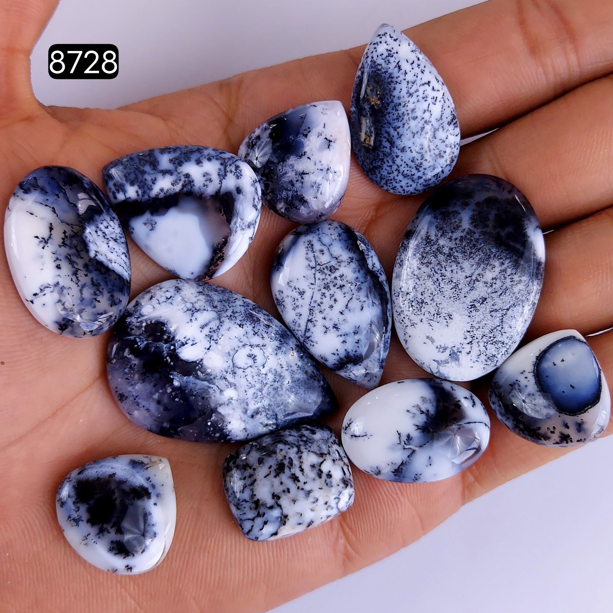 11Pcs 240Cts Natural Dendrite Opal Gemstone Black White Design Dendrite Opal Cabochon Flat Back Dendrite Opal Stone Both Side Polished Dendrite Opal Stone 38x26 19x18mm8728