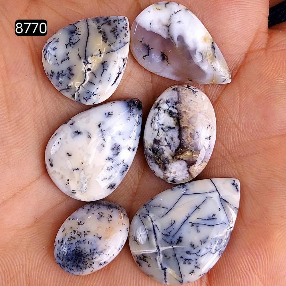 6Pcs 94Cts Natural Dendrite Opal Gemstone Black White Design Dendrite Opal Cabochon, Flat Back Dendrite Opal Stone Both Side Polished Dendrite Opal Stone 27x17 17x11mm#8770