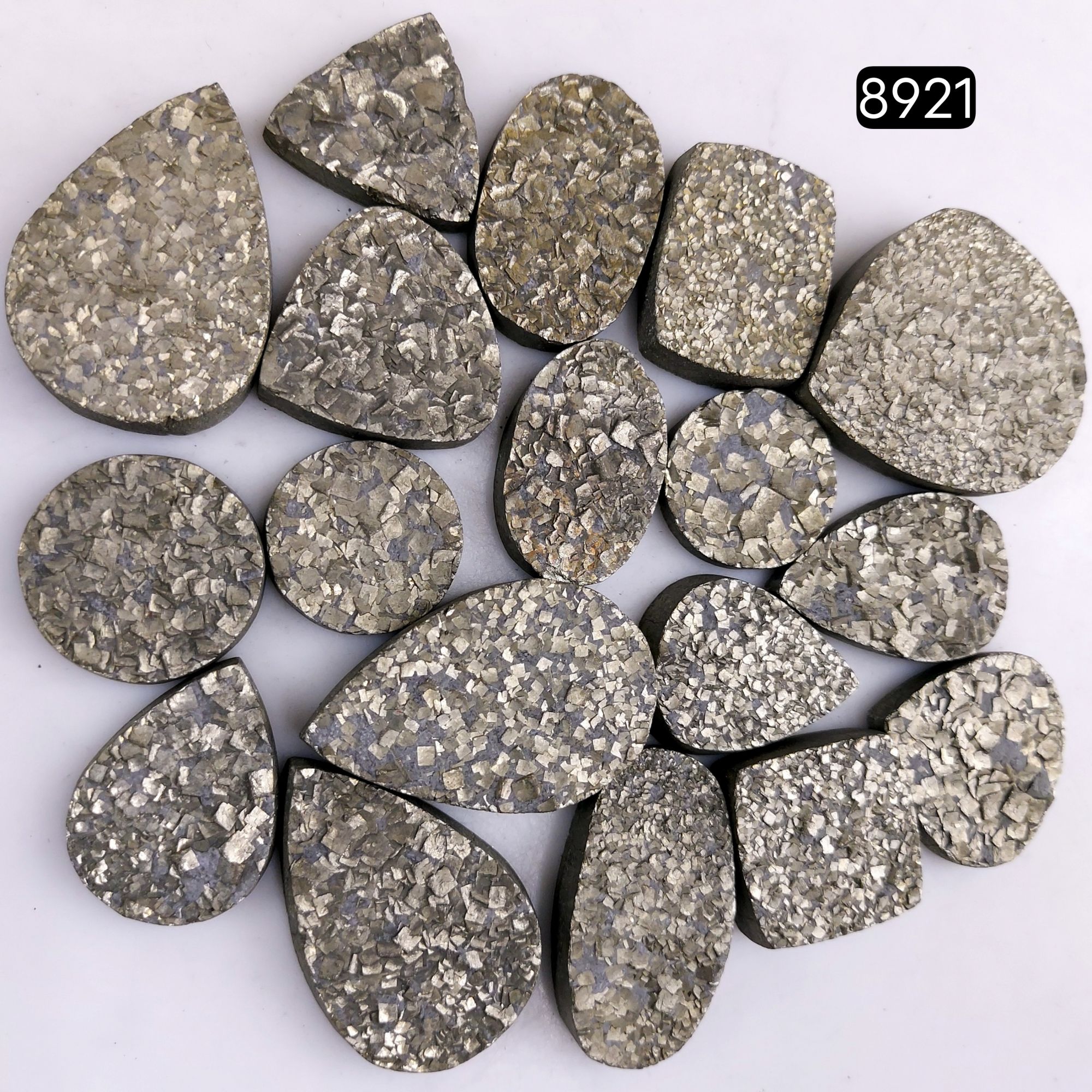 18Pcs 1183CtsNatural Golden Pyrite Druzy Loose Cabochon Gemstone Mix Shape And Size For Jewelry Making Lot 34x31 18x18mm8921