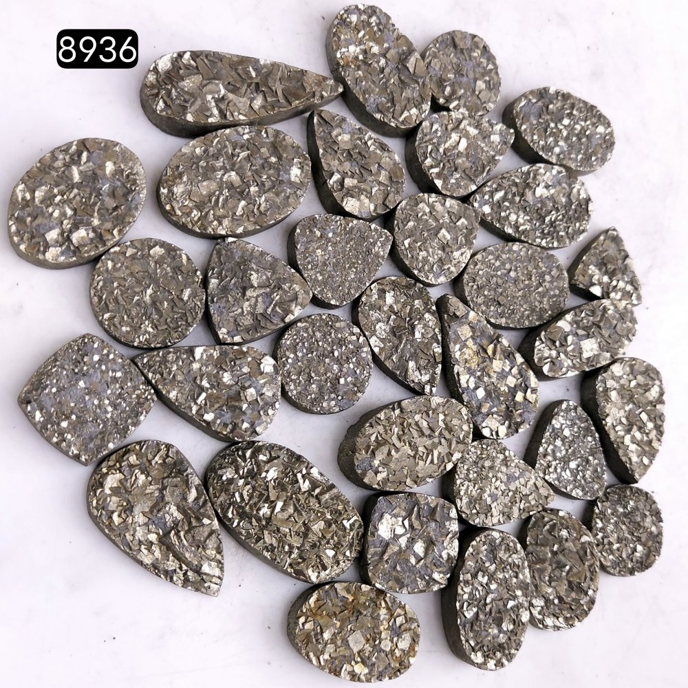 32Pcs 984CtsNatural Golden Pyrite Druzy Loose Cabochon Gemstone Mix Shape And Size For Jewelry Making Lot 26x14 14x14mm#8936