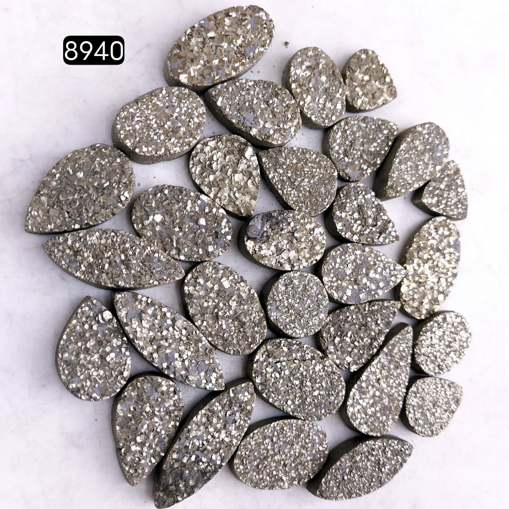 30Pcs 769CtsNatural Golden Pyrite Druzy Loose Cabochon Gemstone Mix Shape And Size For Jewelry Making Lot 27x9 13x13mm#8940