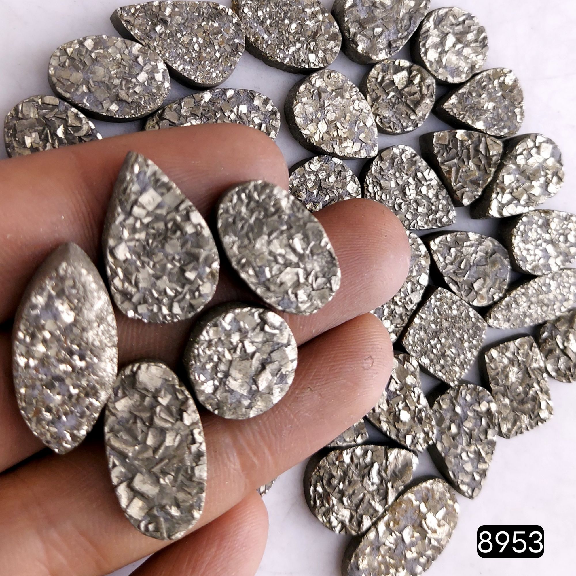 40Pcs 662CtsNatural Golden Pyrite Druzy Loose Cabochon Gemstone Mix Shape And Size For Jewelry Making Lot 22x8 10x10mmR-8953