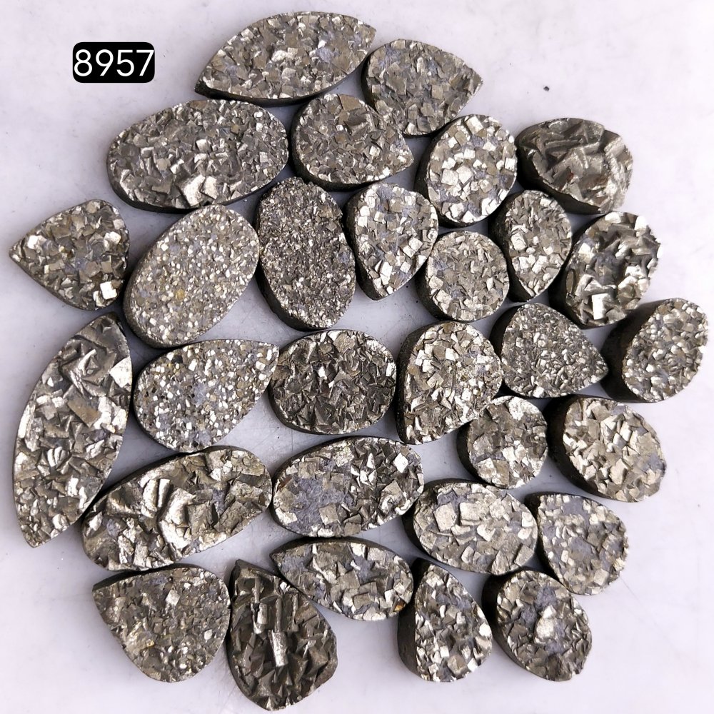 30Pcs 522CtsNatural Golden Pyrite Druzy Loose Cabochon Gemstone Mix Shape And Size For Jewelry Making Lot 20x8 10x10mm#8957