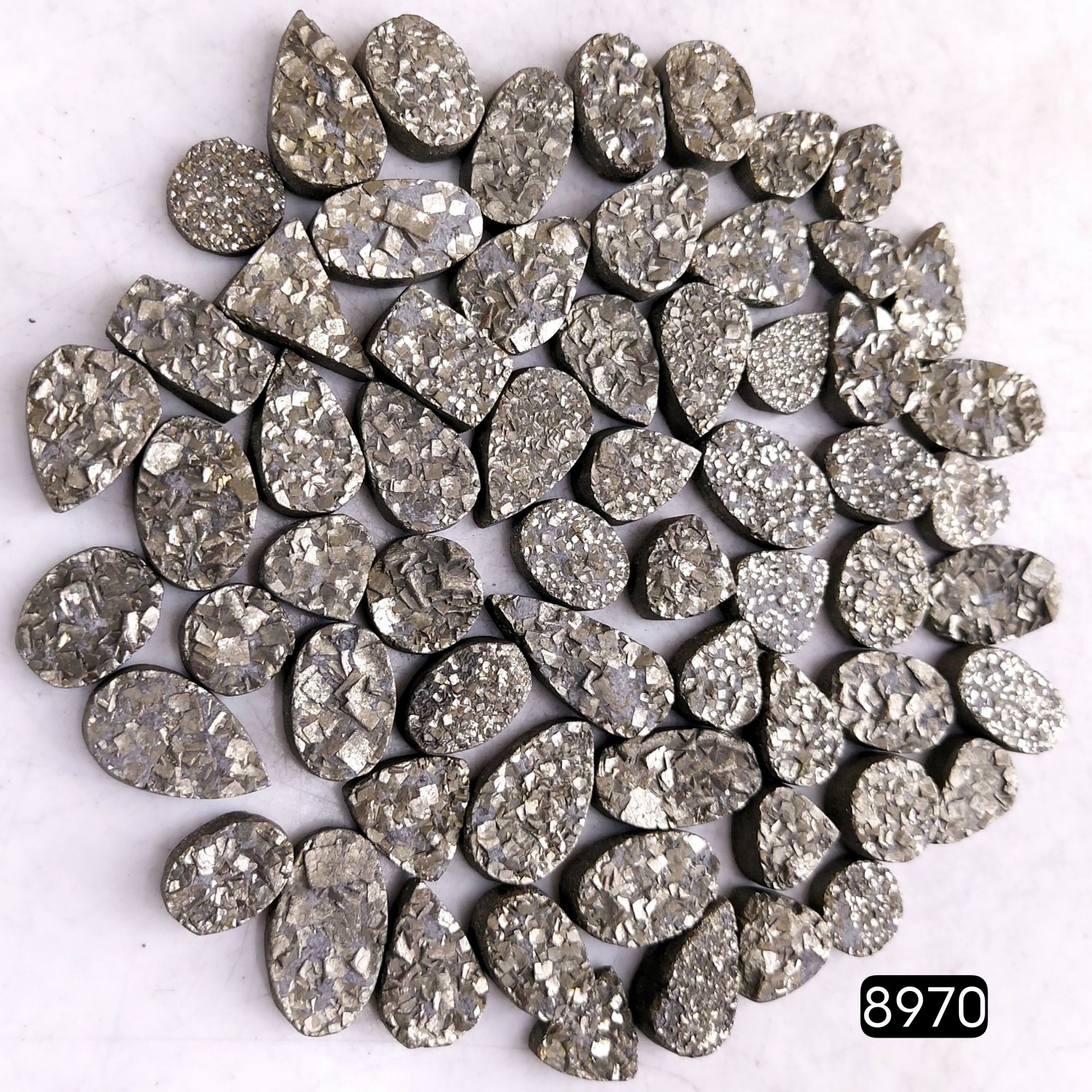 63Pcs 724CtsNatural Golden Pyrite Druzy Loose Cabochon Gemstone Mix Shape And Size For Jewelry Making Lot 14x7 9x9mmR-8970
